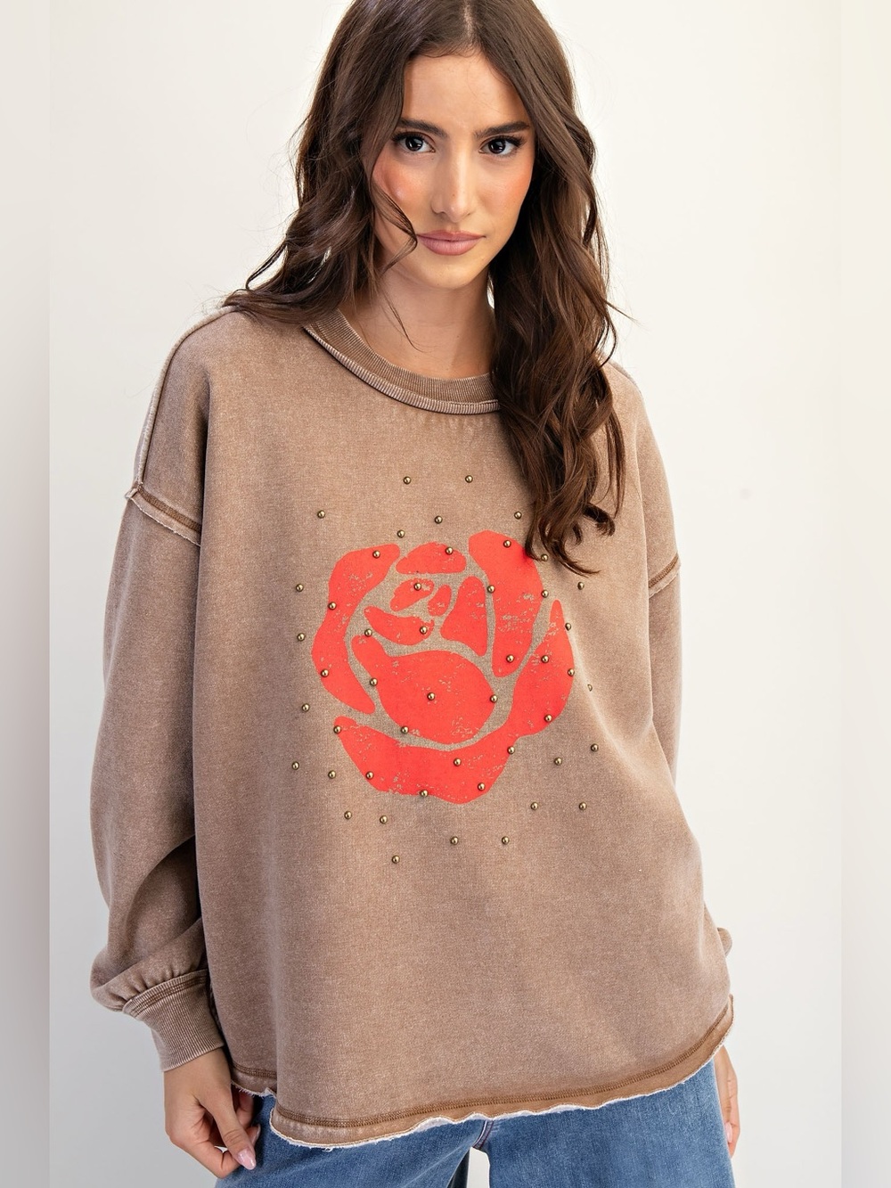 310.EASEL tan mineral washed red rose studded sweatshirt oversized